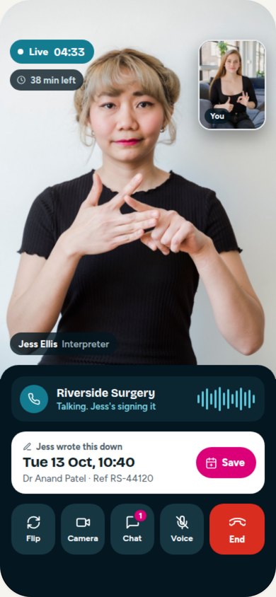 The ClickBSL mobile app: a Deaf caller on a live video call with the interpreter