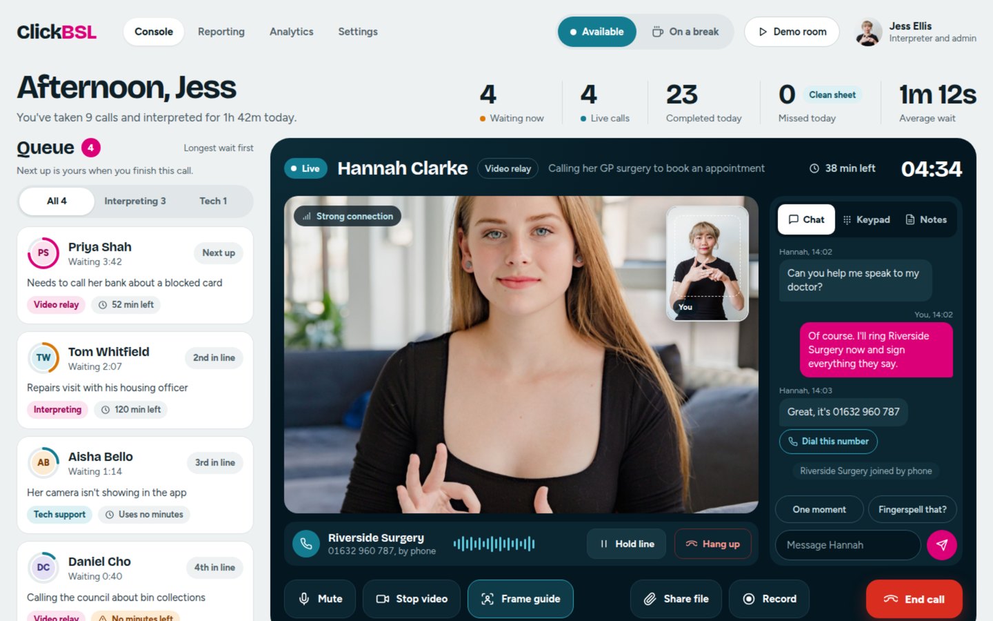 The ClickBSL web console: a BSL interpreter on a live video relay call, with the queue of callers waiting